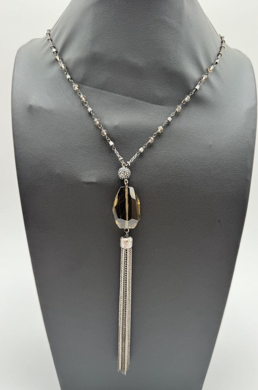 Smoky Amber Quartz Rhinestone Tassel Pendant 28” Fashion Necklace